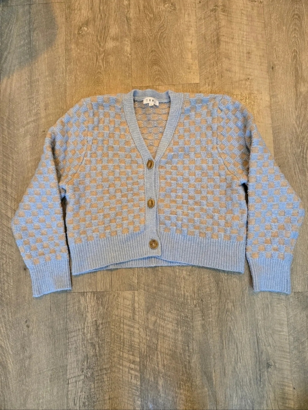 THML Light Blue and Yellow Checker Knit Cropped Cardigan